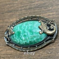 Antique Victorian Brass & Green Art Glass Sea Serpent Dragon Brooch Pin