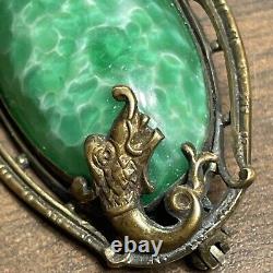 Antique Victorian Brass & Green Art Glass Sea Serpent Dragon Brooch Pin