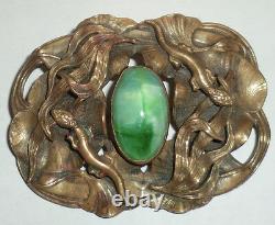 Antique Victorian Brass & Green Art Glass Stone Sash Pin Brooch Lizards Geckos