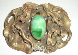 Antique Victorian Brass & Green Art Glass Stone Sash Pin Brooch Lizards Geckos