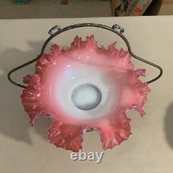 Antique Victorian Brides Basket Cased Pink and White Glass Bowl SILVERPLATE