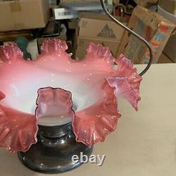 Antique Victorian Brides Basket Cased Pink and White Glass Bowl SILVERPLATE