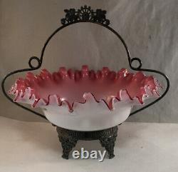 Antique Victorian Brides Basket Pink Cased Art Glass Stevens Silverplate