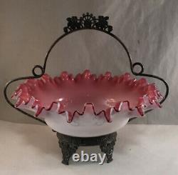 Antique Victorian Brides Basket Pink Cased Art Glass Stevens Silverplate