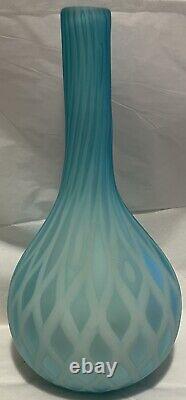 Antique Victorian Cased Blue Diamond Quilted Satin Glass Vase 10.5 Tall