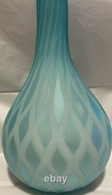 Antique Victorian Cased Blue Diamond Quilted Satin Glass Vase 10.5 Tall