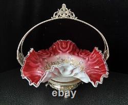Antique Victorian Cased Glass Brides Basket and Monarch Silver Co. Holder