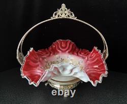 Antique Victorian Cased Glass Brides Basket and Monarch Silver Co. Holder Antique Victorian Cased Glass Brides Basket and Monarch Silver Co. Holder