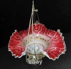 Antique Victorian Cased Glass Brides Basket and Monarch Silver Co. Holder Antique Victorian Cased Glass Brides Basket and Monarch Silver Co. Holder
