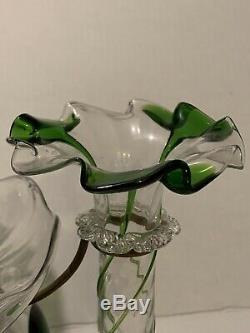 Antique Victorian Celedon Green Opalescent Glass 4 horn Epergne