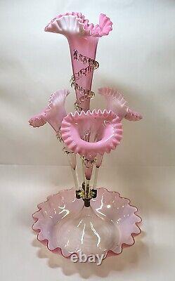 Antique Victorian Celedon Pink Cranberry Opalescent Glass 4 horn Epergne Rigaree