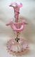 Antique Victorian Celedon Pink Cranberry Opalescent Glass 4 Horn Epergne Rigaree