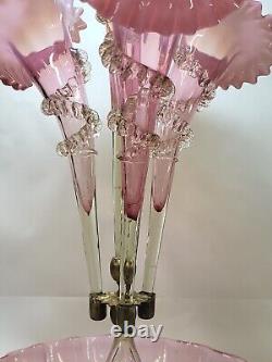 Antique Victorian Celedon Pink Cranberry Opalescent Glass 4 horn Epergne Rigaree