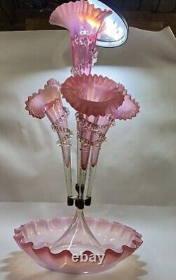 Antique Victorian Celedon Pink Cranberry Opalescent Glass 4 horn Epergne Rigaree