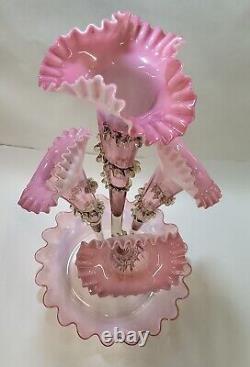 Antique Victorian Celedon Pink Cranberry Opalescent Glass 4 horn Epergne Rigaree