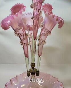 Antique Victorian Celedon Pink Cranberry Opalescent Glass 4 horn Epergne Rigaree