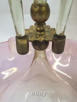 Antique Victorian Celedon Pink Cranberry Opalescent Glass 4 horn Epergne Rigaree