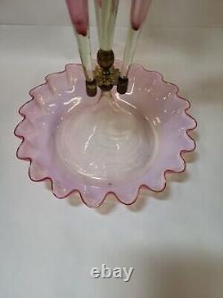 Antique Victorian Celedon Pink Cranberry Opalescent Glass 4 horn Epergne Rigaree