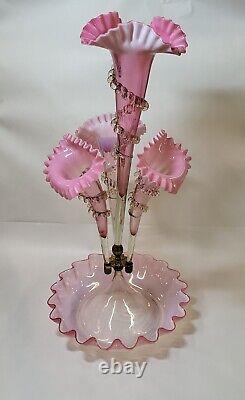 Antique Victorian Celedon Pink Cranberry Opalescent Glass 4 horn Epergne Rigaree