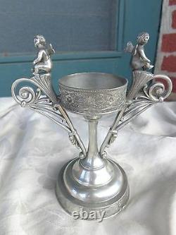 Antique Victorian Cherub Silver Plate Holder Painted Violets Art Glass Ring Vase