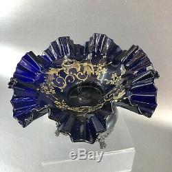Antique Victorian Cobalt Blue Ruffled Art Glass Silver Plate Bowl Brides Basket