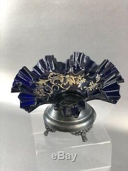Antique Victorian Cobalt Blue Ruffled Art Glass Silver Plate Bowl Brides Basket