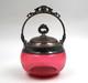 Antique Victorian Cranberry Art Glass Biscuit Jar Withsilver Lid & Handle