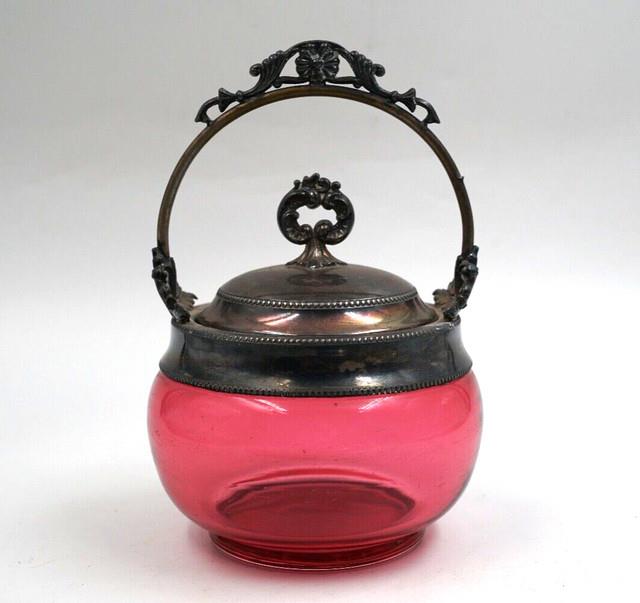 Antique Victorian Cranberry Art Glass Biscuit Jar Withsilver Lid & Handle