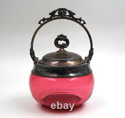 Antique Victorian Cranberry Art Glass Biscuit Jar withSilver Lid & Handle