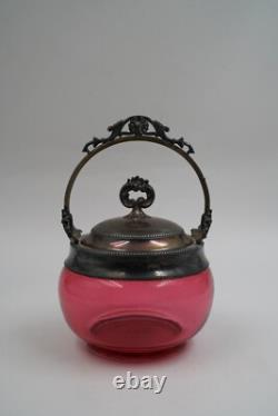 Antique Victorian Cranberry Art Glass Biscuit Jar withSilver Lid & Handle