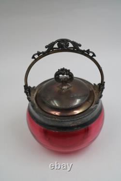 Antique Victorian Cranberry Art Glass Biscuit Jar withSilver Lid & Handle
