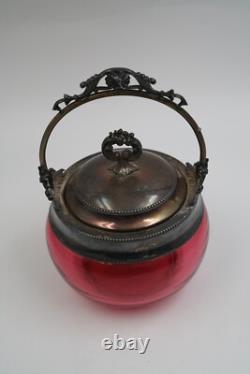 Antique Victorian Cranberry Art Glass Biscuit Jar withSilver Lid & Handle