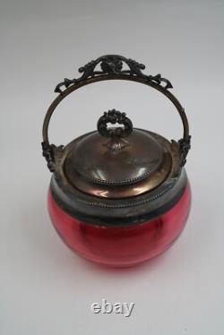 Antique Victorian Cranberry Art Glass Biscuit Jar withSilver Lid & Handle