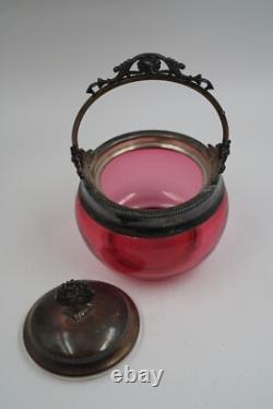 Antique Victorian Cranberry Art Glass Biscuit Jar withSilver Lid & Handle