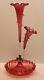 Antique Victorian Cranberry Art Glass Epergne With 2 Horns Trumpets Ruffles