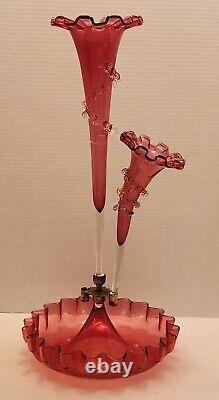 Antique Victorian Cranberry Art Glass Epergne with 2 Horns Trumpets Ruffles