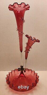 Antique Victorian Cranberry Art Glass Epergne with 2 Horns Trumpets Ruffles