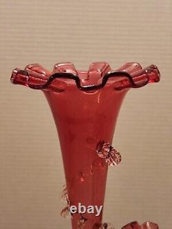 Antique Victorian Cranberry Art Glass Epergne with 2 Horns Trumpets Ruffles