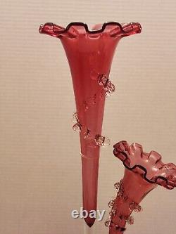 Antique Victorian Cranberry Art Glass Epergne with 2 Horns Trumpets Ruffles