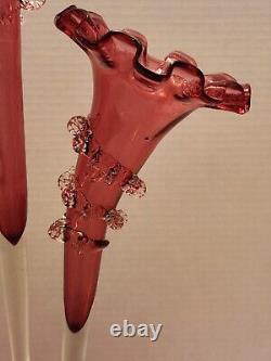 Antique Victorian Cranberry Art Glass Epergne with 2 Horns Trumpets Ruffles