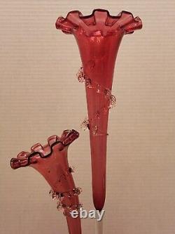 Antique Victorian Cranberry Art Glass Epergne with 2 Horns Trumpets Ruffles