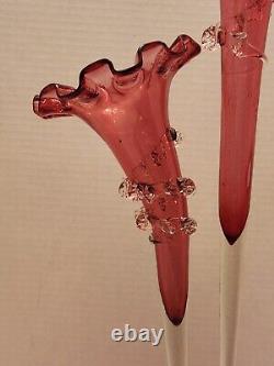 Antique Victorian Cranberry Art Glass Epergne with 2 Horns Trumpets Ruffles