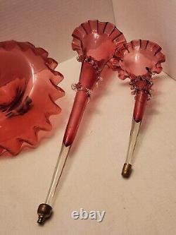 Antique Victorian Cranberry Art Glass Epergne with 2 Horns Trumpets Ruffles