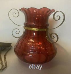 Antique Victorian Cranberry Art Glass Hanging Hall Lamp Light Fixture