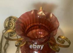 Antique Victorian Cranberry Art Glass Hanging Hall Lamp Light Fixture