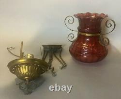 Antique Victorian Cranberry Art Glass Hanging Hall Lamp Light Fixture