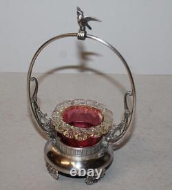 Antique Victorian Cranberry Art Glass Master Salt Dip in Silver Holder Antique Victorian Cranberry Art Glass Master Salt Dip in Silver Holder