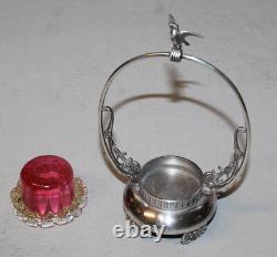 Antique Victorian Cranberry Art Glass Master Salt Dip in Silver Holder Antique Victorian Cranberry Art Glass Master Salt Dip in Silver Holder