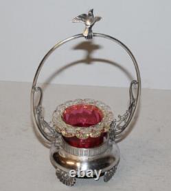 Antique Victorian Cranberry Art Glass Master Salt Dip in Silver Holder Antique Victorian Cranberry Art Glass Master Salt Dip in Silver Holder