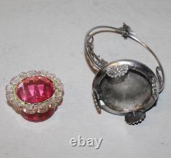 Antique Victorian Cranberry Art Glass Master Salt Dip in Silver Holder Antique Victorian Cranberry Art Glass Master Salt Dip in Silver Holder